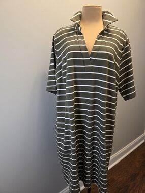 Lands End Olive Green/White Polo Plus Size Midi Dress